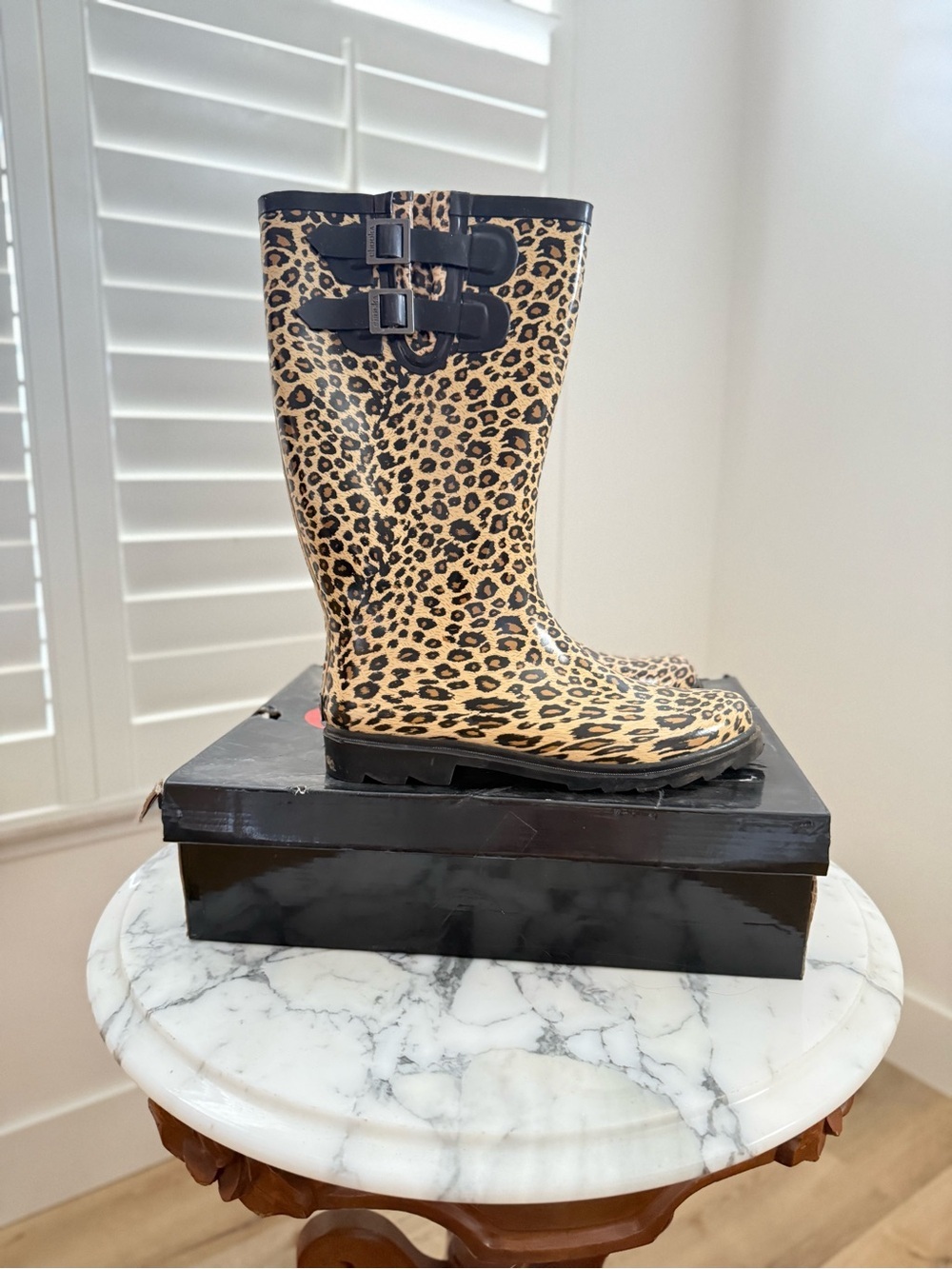 chooka Leopard Print Tall Rain Boots in Black and Tan - Picture 6 of 7